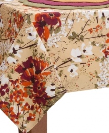 A painted, modern spread of lush wildflowers adorns Vera's Flowering Branch tablecloth, creating an ideal backdrop for casual entertaining anytime. (Clearance)