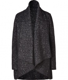 Work an edge of effortless sophistication into you look with Donna Karans exquisitely chic marled knit coat, perfect for layering both indoors and out - Draped shawl collar, long sleeves, side slit pockets, black trim - Oversized draped fit - Layer over everything from button-downs and tailored trousers to tissue soft tops and luxe leather leggings Work an edge of effortless sophistication into you look with Donna Karans exquisitely chic marled knit coat, perfect for layering both indoors and out - Draped shawl collar, long sleeves, side slit pockets, black trim - Oversized draped fit - Layer over everything from button-downs and tailored trousers to tissue soft tops and luxe leather leggings