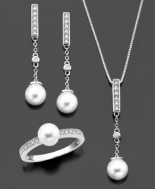 A complete jewelry set with unmeasurable elegance. Pendant, ring and earrings feature round-cut diamond (1/5 ct. t.w.) and cultured freshwater pearl set in sterling silver. Pendant measures approximately 18 inches with a 1-1/4-inch drop. Earrings measure approximately 1-1/4 inches. Ring size 7. A complete jewelry set with unmeasurable elegance. Pendant, ring and earrings feature round-cut diamond (1/5 ct. t.w.) and cultured freshwater pearl set in sterling silver. Pendant measures approximately 18 inches with a 1-1/4-inch drop. Earrings measure approximately 1-1/4 inches. Ring size 7.