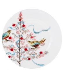 Make holiday meals sing with this seasonal salad plate, a festive addition to the Chirp dinnerware and dishes collection. Watercolor-inspired birds perch cheerfully on branches in bloom with ornaments and trimmed in the shape of a Christmas tree. A turquoise ribbon reads, Happy Holidays. Make holiday meals sing with this seasonal salad plate, a festive addition to the Chirp dinnerware and dishes collection. Watercolor-inspired birds perch cheerfully on branches in bloom with ornaments and trimmed in the shape of a Christmas tree. A turquoise ribbon reads, Happy Holidays.