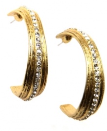 Subtle sparkle. A row of glittering crystal accents enhances Jones New York's textured hoop earrings, making them a chic choice for daytime or evening. Crafted in gold tone mixed metal. Approximate diameter: 2-1/4 inches.