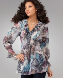 Ruffles and a mixed snakeskin print add up to serious sizzle on Sienna Rose's flowing tunic! (Clearance)