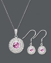 Exquisite elegance. This sparkling trio by Victoria Townsend will bring new life to an ordinary ensemble. Crafted in sterling silver, three circular drops feature vibrant round-cut amethyst (2-1/3 ct. t.w.) with a halo of sparkling diamond accents. Approximate length: 18 inches. Approximate pendant drop: 1 inch. Approximate earring drop: 1-1/8 inches. Exquisite elegance. This sparkling trio by Victoria Townsend will bring new life to an ordinary ensemble. Crafted in sterling silver, three circular drops feature vibrant round-cut amethyst (2-1/3 ct. t.w.) with a halo of sparkling diamond accents. Approximate length: 18 inches. Approximate pendant drop: 1 inch. Approximate earring drop: 1-1/8 inches.