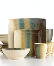 Bands of teal separate warm earth tones on the contemporary-cool Nouveau dinnerware set by Sango. Featuring square plates with round accessories, all in dishwasher-safe stoneware. Bands of teal separate warm earth tones on the contemporary-cool Nouveau dinnerware set by Sango. Featuring square plates with round accessories, all in dishwasher-safe stoneware.