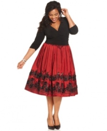 SL Fashions crafts a plus size party dress featuring a flattering ruched waistline and a full, floral-embellished skirt.