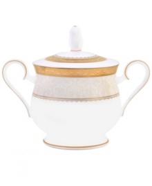 Noritake makes any occasion memorable with the opulent Odessa Gold sugar bowl. Wide bands of etched gold and pale gray with delicate blooms adorn the classic bone china design. Noritake makes any occasion memorable with the opulent Odessa Gold sugar bowl. Wide bands of etched gold and pale gray with delicate blooms adorn the classic bone china design.