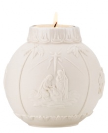 Mary and Joseph admire new born baby Jesus in the embossed scene depicted on this votive candle holder. Crafted of porcelain from Lenox.