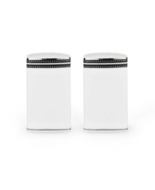 In the hands of kate spade, black and white is anything but basic. Dancing ebony stitched stripes provide a stunning contrast to the pristine china of the Union Street salt and pepper shakers. In the hands of kate spade, black and white is anything but basic. Dancing ebony stitched stripes provide a stunning contrast to the pristine china of the Union Street salt and pepper shakers.