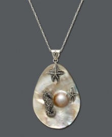 Whisk yourself away to the seashore. This unique pendant features a cultured mother of pearl drop (14 mm) decorated with two starfish and a seahorse in textured sterling silver. Sterling silver setting and chain. Approximate length: 30 inches. Approximate drop: 2-1/2 inches. Whisk yourself away to the seashore. This unique pendant features a cultured mother of pearl drop (14 mm) decorated with two starfish and a seahorse in textured sterling silver. Sterling silver setting and chain. Approximate length: 30 inches. Approximate drop: 2-1/2 inches.