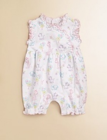 Smiling animals in a variety of different colors will keep your little one comfortable all day. Standing collarSleevelessRuffle trim in contrasting toneBack snap closureSnap bottomLegs have elastic bandsPima cottonMachine washImported Smiling animals in a variety of different colors will keep your little one comfortable all day. Standing collarSleevelessRuffle trim in contrasting toneBack snap closureSnap bottomLegs have elastic bandsPima cottonMachine washImported