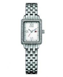 Crystal clear: this refined timepiece from Tommy Hilfiger is a real gem. Crafted of stainless steel bracelet and rectangular case. Bezel crystallized with Swarovski elements. White dial features Roman numerals at twelve, nine and six o'clock, three hands, minute track, and iconic flag logo at three o'clock. Quartz movement. Water resistant to 30 meters. Ten-year limited warranty. Crystal clear: this refined timepiece from Tommy Hilfiger is a real gem. Crafted of stainless steel bracelet and rectangular case. Bezel crystallized with Swarovski elements. White dial features Roman numerals at twelve, nine and six o'clock, three hands, minute track, and iconic flag logo at three o'clock. Quartz movement. Water resistant to 30 meters. Ten-year limited warranty.