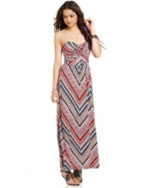 From the spirited, chevron print to the romantic neckline, this strapless maxi dress from American Rag is a perfect choice for balmy-night strolls. From the spirited, chevron print to the romantic neckline, this strapless maxi dress from American Rag is a perfect choice for balmy-night strolls.