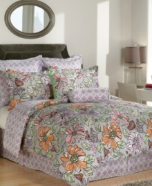 A garden of dreams. Whimsical flowers and fanciful butterflies charm the Eliza comforter set with a decidedly artistic sensibility. A patterned bedskirt, European shams and the comforter reverse accent this carefree set with pops of cool color. What's more, you can flip the comforter to create a new look! A garden of dreams. Whimsical flowers and fanciful butterflies charm the Eliza comforter set with a decidedly artistic sensibility. A patterned bedskirt, European shams and the comforter reverse accent this carefree set with pops of cool color. What's more, you can flip the comforter to create a new look!