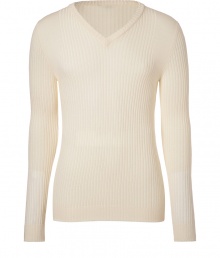 Add a minimalist edge to your contemporary knitwear collection with Jet Sets cool off-white ribbed wool V-neck pullover - Contrast knit at shoulders, flat ribbed trim - Modern slim fit - Wear with everything from jeans and rugged boots to tailored trousers and lace-ups Add a minimalist edge to your contemporary knitwear collection with Jet Sets cool off-white ribbed wool V-neck pullover - Contrast knit at shoulders, flat ribbed trim - Modern slim fit - Wear with everything from jeans and rugged boots to tailored trousers and lace-ups
