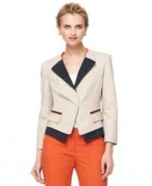 Colorblocking and exposed zippers add a graphic edge to this T Tahari Tina jacket -- perfect for a modern spring look! Colorblocking and exposed zippers add a graphic edge to this T Tahari Tina jacket -- perfect for a modern spring look!