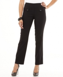 Get a polished look with the ease of a pull-on pant-Style&co's sleek petite style features a wide waistband and button-tab pockets at the front for a crisp touch. Get a polished look with the ease of a pull-on pant-Style&co's sleek petite style features a wide waistband and button-tab pockets at the front for a crisp touch.