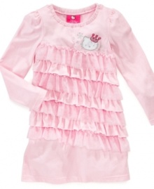 Your little star will twinkle in this uniquely adorable ruffle sweater dress by Hello Kitty with alternating mesh tiers and an allover tinge of sparkle. Will go great with legging. Your little star will twinkle in this uniquely adorable ruffle sweater dress by Hello Kitty with alternating mesh tiers and an allover tinge of sparkle. Will go great with legging.