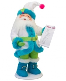 All is bright. See a whole new side of Santa, sporting a blue fur-lined coat and boots with neon green accessories. He also has the all-important gift list and unmistakable whimsy of Annalee dolls. All is bright. See a whole new side of Santa, sporting a blue fur-lined coat and boots with neon green accessories. He also has the all-important gift list and unmistakable whimsy of Annalee dolls.