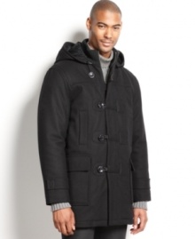 Layer on style and comfort with this sharp wool-blend toggle coat from Sean John. Layer on style and comfort with this sharp wool-blend toggle coat from Sean John.