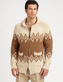 Supreme softness is to be expected when wearing this classic-fit, zip sweater, in a handsome camel hair print that exudes a rustic feel.Two-way zip frontShawl collarWaist patch pocketsRibbed knit cuffs and hemAbout 32 from shoulder to hemCamel hairDry cleanMade in Italy