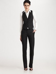 A feminine take on a menswear standard, tailored in a luxe, pinstriped wool blend.V necklineButton frontWelt pocketsLeopard print back panelBack buckle strapAbout 22 from shoulder to hem48% polyester/28% wool/20% rayon/4% elastaneDry cleanMade in Italy of imported fabricModel shown is 5'11 (180cm) wearing US size 4. A feminine take on a menswear standard, tailored in a luxe, pinstriped wool blend.V necklineButton frontWelt pocketsLeopard print back panelBack buckle strapAbout 22 from shoulder to hem48% polyester/28% wool/20% rayon/4% elastaneDry cleanMade in Italy of imported fabricModel shown is 5'11 (180cm) wearing US size 4.