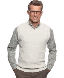 With tonal texture, this Tasso Elba sweater vest is a sophisticated way to layer up your look. With tonal texture, this Tasso Elba sweater vest is a sophisticated way to layer up your look.