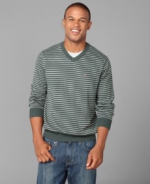 Anyone can rock a simple stripe. This sweater from Tommy Hilfiger is sporty style at its finest. Anyone can rock a simple stripe. This sweater from Tommy Hilfiger is sporty style at its finest.
