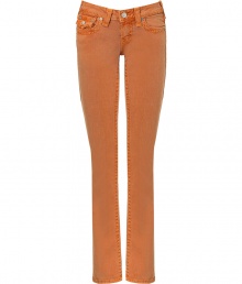 Colorful jeans are de rigueur this season, and True Religions orange pants offer a chic twist on a summer staple - Faded, antique rinse has a look of well-worn cool - Low rise, with belt loops, zip fly and button closure - Flattering signature triangular flap pockets at rear and right hip - Straight, slim leg - Pair with t-shirts, button downs and silk blouses Colorful jeans are de rigueur this season, and True Religions orange pants offer a chic twist on a summer staple - Faded, antique rinse has a look of well-worn cool - Low rise, with belt loops, zip fly and button closure - Flattering signature triangular flap pockets at rear and right hip - Straight, slim leg - Pair with t-shirts, button downs and silk blouses