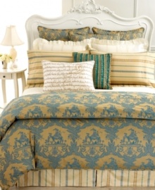 Bring the signature look of Court of Versailles into your room with this La Caravane decorative pillow. Featuring gold French script embellished with quill embroidery at center for a timeless, luxurious appeal. Bring the signature look of Court of Versailles into your room with this La Caravane decorative pillow. Featuring gold French script embellished with quill embroidery at center for a timeless, luxurious appeal.