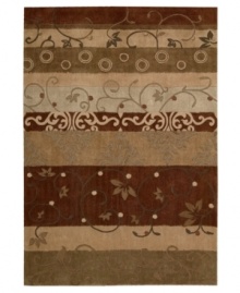 Variegated stripes of earthy tones into warm reds creates a design as artistically moving as it is functional. Hand tufted of long polyester fibers for added strength and softness, the Contour area rug from Nourison creates an ideal accent for any modern room. Variegated stripes of earthy tones into warm reds creates a design as artistically moving as it is functional. Hand tufted of long polyester fibers for added strength and softness, the Contour area rug from Nourison creates an ideal accent for any modern room.