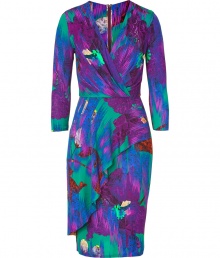 Inject tropical-inspired chic to your daytime look with this luxe printed dress from Matthew Williamson - Faux wrap V-neckline, three-quarter sleeves, fitted waist, pencil skirt with draped overlay - Figure-hugging silhouette, all-over print - Pair with platform sandals and a statement clutch