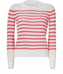 With cool coral coloring and a chunky knit cotton, Theorys striped pullover is a contemporary way to wear springs nautical trend - Round neckline, long sleeves, ribbed trim, soft material sheen - Slim fit - Wear with a pleated skirt and flats, or with slim fit shorts and sandals