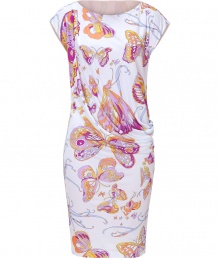 Set your style points soaring with Emilio Puccis whimsical butterfly print draped jersey sheath - Wide neckline, cap sleeves, gathered side detail - Loosely draped top, form-fitting skirt - Pair with bright pumps for a seamless transition from work to cocktails