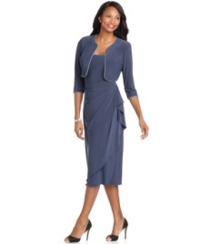 Be the star of your next special occasion: You're sure to twinkle in this petite tea-length dress and jacket ensemble by Alex Evenings, featuring a rhinestone trim. Be the star of your next special occasion: You're sure to twinkle in this petite tea-length dress and jacket ensemble by Alex Evenings, featuring a rhinestone trim.
