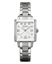 Unassuming elegance for everyday. Masella collection watch by Bulova Accutron crafted of stainless steel bracelet with ribbed center links and square case with curved sapphire crystal. Bezel and dial embellished with 46 hand-set diamond accents. Silvery white web-patterned dial features silver tone Roman numerals at three, six and nine o'clock, logo at twelve o'clock and three hands. Swiss quartz movement. Water resistant to 30 meters. Five-year limited warranty. Unassuming elegance for everyday. Masella collection watch by Bulova Accutron crafted of stainless steel bracelet with ribbed center links and square case with curved sapphire crystal. Bezel and dial embellished with 46 hand-set diamond accents. Silvery white web-patterned dial features silver tone Roman numerals at three, six and nine o'clock, logo at twelve o'clock and three hands. Swiss quartz movement. Water resistant to 30 meters. Five-year limited warranty.