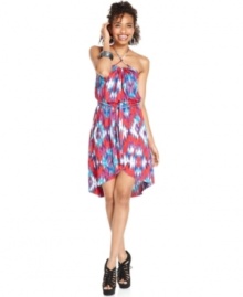 An abstract tribal-print adds serious color magic to this wrap-style halter dress from Eyeshadow! An abstract tribal-print adds serious color magic to this wrap-style halter dress from Eyeshadow!