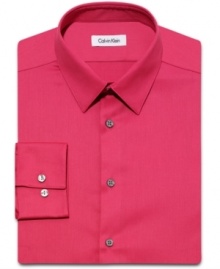Punch up your work week with the bright tonal stripe of this slim-fit Calvin Klein dress shirt. Punch up your work week with the bright tonal stripe of this slim-fit Calvin Klein dress shirt.