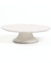 A delicate scalloped edge with distressed detail gives the Blanc cake stand the classic, romantic feel of Versailles Maison's charming dinnerware collection. A delicate scalloped edge with distressed detail gives the Blanc cake stand the classic, romantic feel of Versailles Maison's charming dinnerware collection.