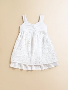An eyelet overlay and gathered sweetheart neckline make this simple frock simply outstanding.Sweetheart necklineWide strapsBack buttonsEmpire waistFull skirtCottonMachine washMade in USA Please note: Number of buttons may vary depending on size ordered. An eyelet overlay and gathered sweetheart neckline make this simple frock simply outstanding.Sweetheart necklineWide strapsBack buttonsEmpire waistFull skirtCottonMachine washMade in USA Please note: Number of buttons may vary depending on size ordered.