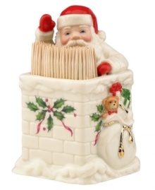 Santa lends a hand at holiday parties, manning a toothpick holder in the shape of a chimney. With gold accents and a holly motif to match the beloved Holiday dinnerware pattern by Lenox. Santa lends a hand at holiday parties, manning a toothpick holder in the shape of a chimney. With gold accents and a holly motif to match the beloved Holiday dinnerware pattern by Lenox.