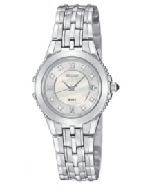 A sophisticated and feminine watch from Seiko, in polished stainless steel for lasting luster. Silvertone stainless steel bracelet and round case. Round mother-of-pear dial with logo, crystal accents and roman numeral indices. Quartz movement. Water resistant to 50 meters. Three-year limited warranty.