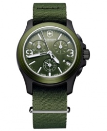 A retro timepiece from Victorinox Swiss Army in army greens, built with precise chronograph tech.