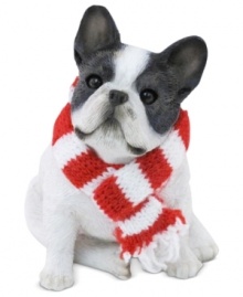 A fetching gift for animal lovers, the French Bulldog Christmas ornament depicts the beloved black and white pup waiting patiently for treats and dressed in a holiday scarf. From Sandicast. A fetching gift for animal lovers, the French Bulldog Christmas ornament depicts the beloved black and white pup waiting patiently for treats and dressed in a holiday scarf. From Sandicast.