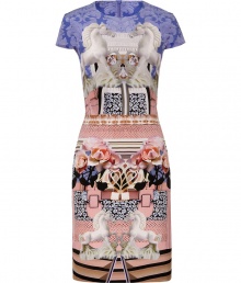 Gallop into sweet sophistication in Mary Katrantzous kaleidoscopic printed sheath, a exquisitely feminine way to wear this seasons graphic print trend - Rounded neckline, cap sleeves, hidden back zip, tailored fit - Pair with extra bright accessories and delicate fine jewelry