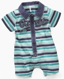 Step up his starter style with stripes in this fun romper from Guess. Step up his starter style with stripes in this fun romper from Guess.