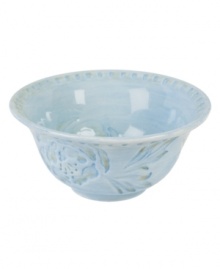 Sculpted blooms and a classic silhouette make the Toulouse cereal bowl by Fitz and Floyd a charming part of any casual landscape. A rustic sky-blue glaze adds to its antique appeal. Sculpted blooms and a classic silhouette make the Toulouse cereal bowl by Fitz and Floyd a charming part of any casual landscape. A rustic sky-blue glaze adds to its antique appeal.
