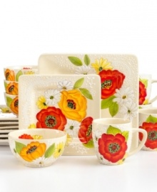 Vivid florals pop with raised white accents on the Emma dinnerware set for an always-cheerful casual table. Square plates complement round bowls and mugs that bloom from within in Laurie Gates' signature style. Vivid florals pop with raised white accents on the Emma dinnerware set for an always-cheerful casual table. Square plates complement round bowls and mugs that bloom from within in Laurie Gates' signature style.