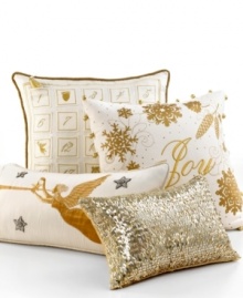 Joy to the world! Martha Stewart Collection brings the holiday spirit to your home with this decorative pillow, featuring golden snowflakes and ball trim. Finished with the embroidered word: Joy. Joy to the world! Martha Stewart Collection brings the holiday spirit to your home with this decorative pillow, featuring golden snowflakes and ball trim. Finished with the embroidered word: Joy.