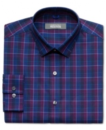 Plaid pops and you're sure to be noticed in this slim-fit dress shirt from Kenneth Cole Reaction. Plaid pops and you're sure to be noticed in this slim-fit dress shirt from Kenneth Cole Reaction.
