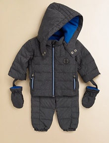 Keep baby safe from the elements and extra toasty in this puffy, down-filled, two-piece snowsuit with snap-off hood and mittens Keep baby safe from the elements and extra toasty in this puffy, down-filled, two-piece snowsuit with snap-off hood and mittens